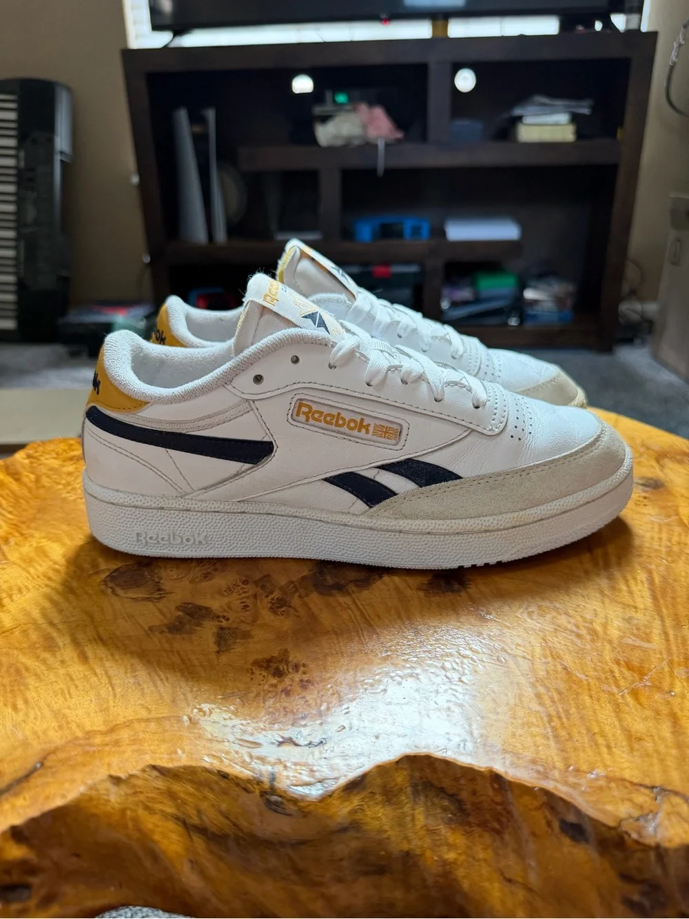 Reebok Men’s White Leather Sneakers with Navy & Yellow Accents